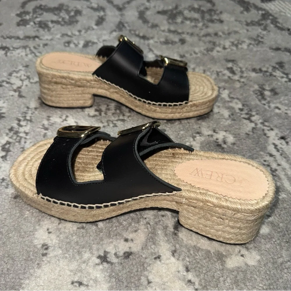 J. Crew Made in Spain Black Leather Gold Buckle Block Heel Espadrilles